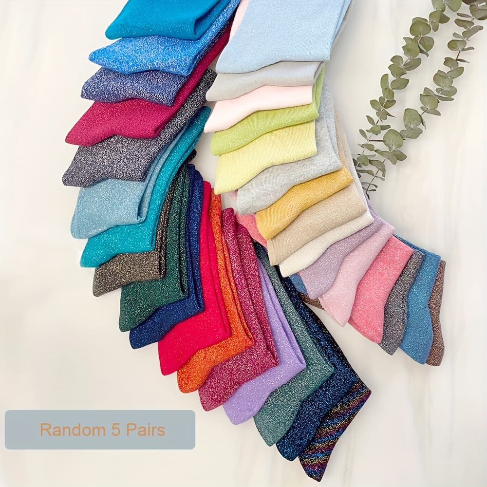 TEMU Random 5 Pairs From Women's Golden And Mid-calf Socks Sequin Shimmering Japanese Plain Individual Bright Short Socks