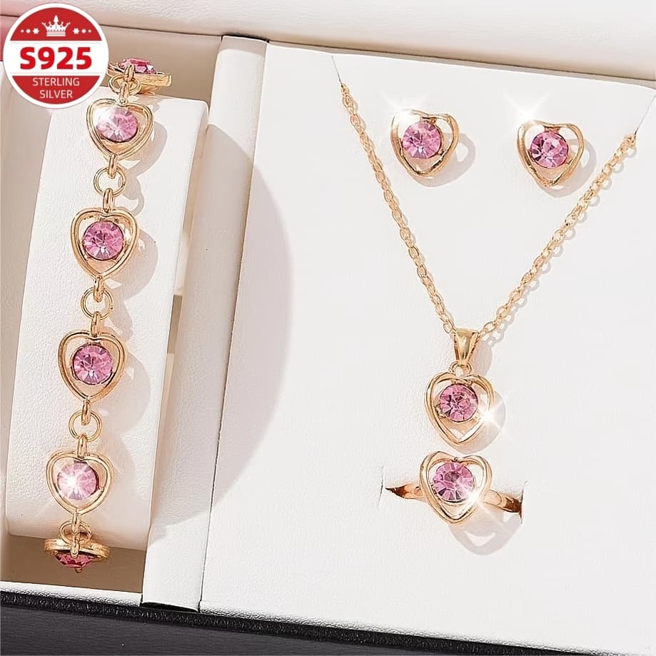 TEMU S925 Sterling Silvery Artificial Jewelry Set, Temperament Heart-shaped Necklace, Earrings, Rings, Bracelets, Set, Women's Jewelry, ' Essential Valentine's Day, Halloween, Christmas Perfect Gift