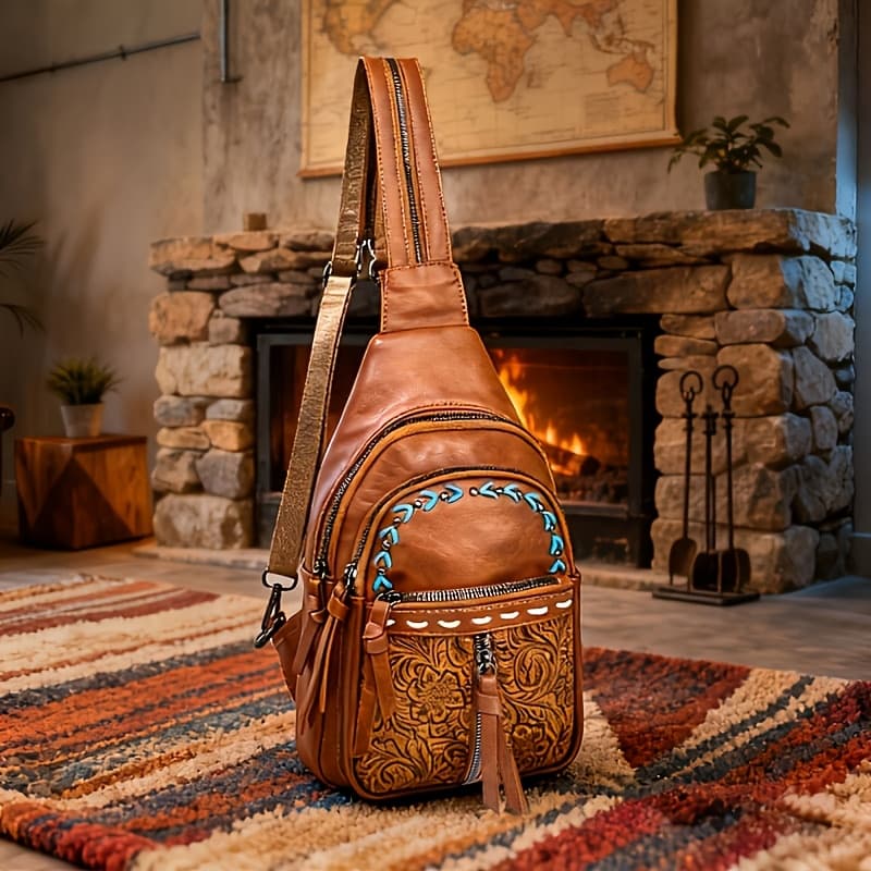 TEMU Women's Boho Western Print Pu Convertible Sling Backpack, 2-wear With Adjustable Straps, Trendy Crossbody Bag For Vacation, Ideal Gift For Women