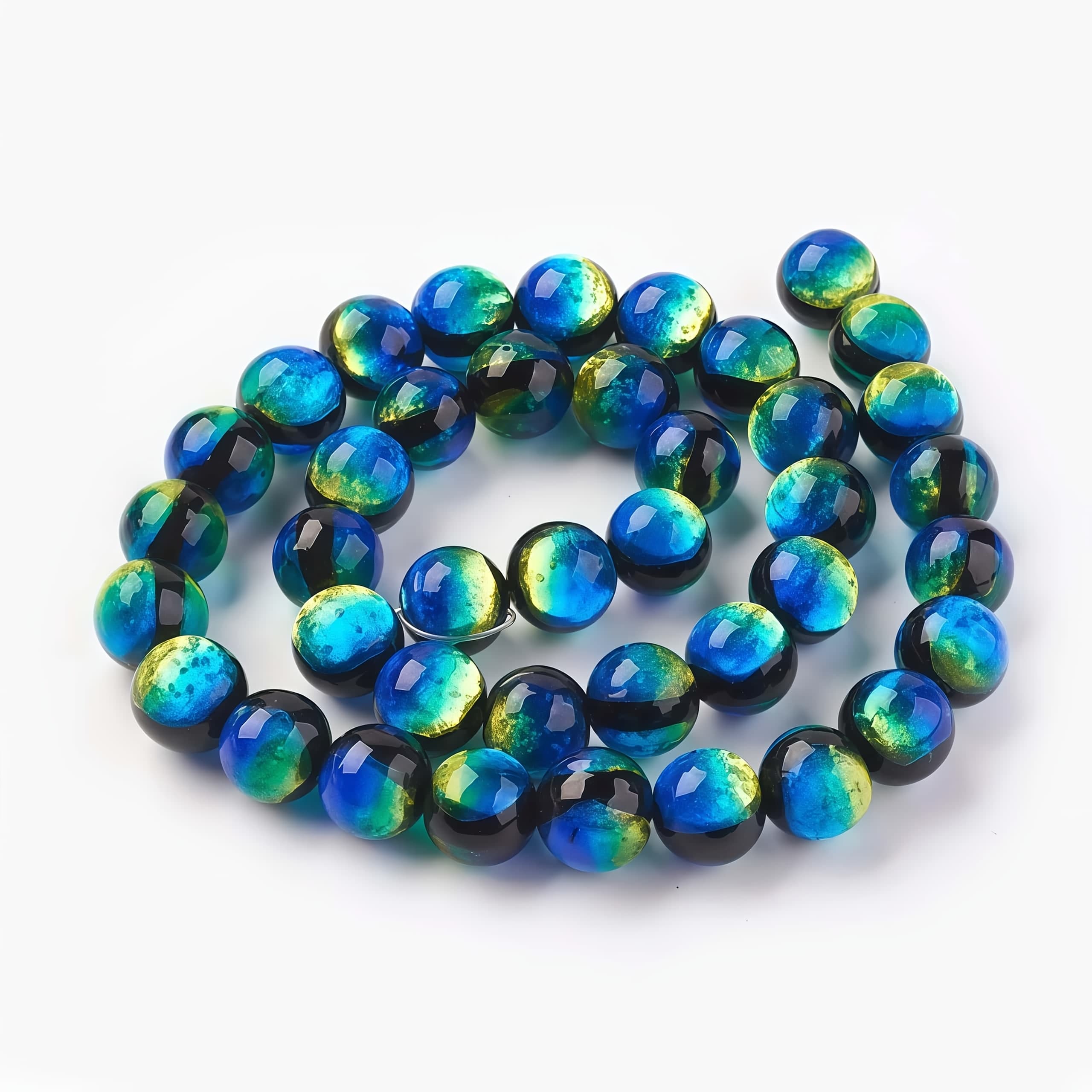 TEMU 10pcs Handcrafted High-end Luminous Glass Lampwork Round Beads – 8 Blue Green Gradient For Necklace Jewelry Making Supplies