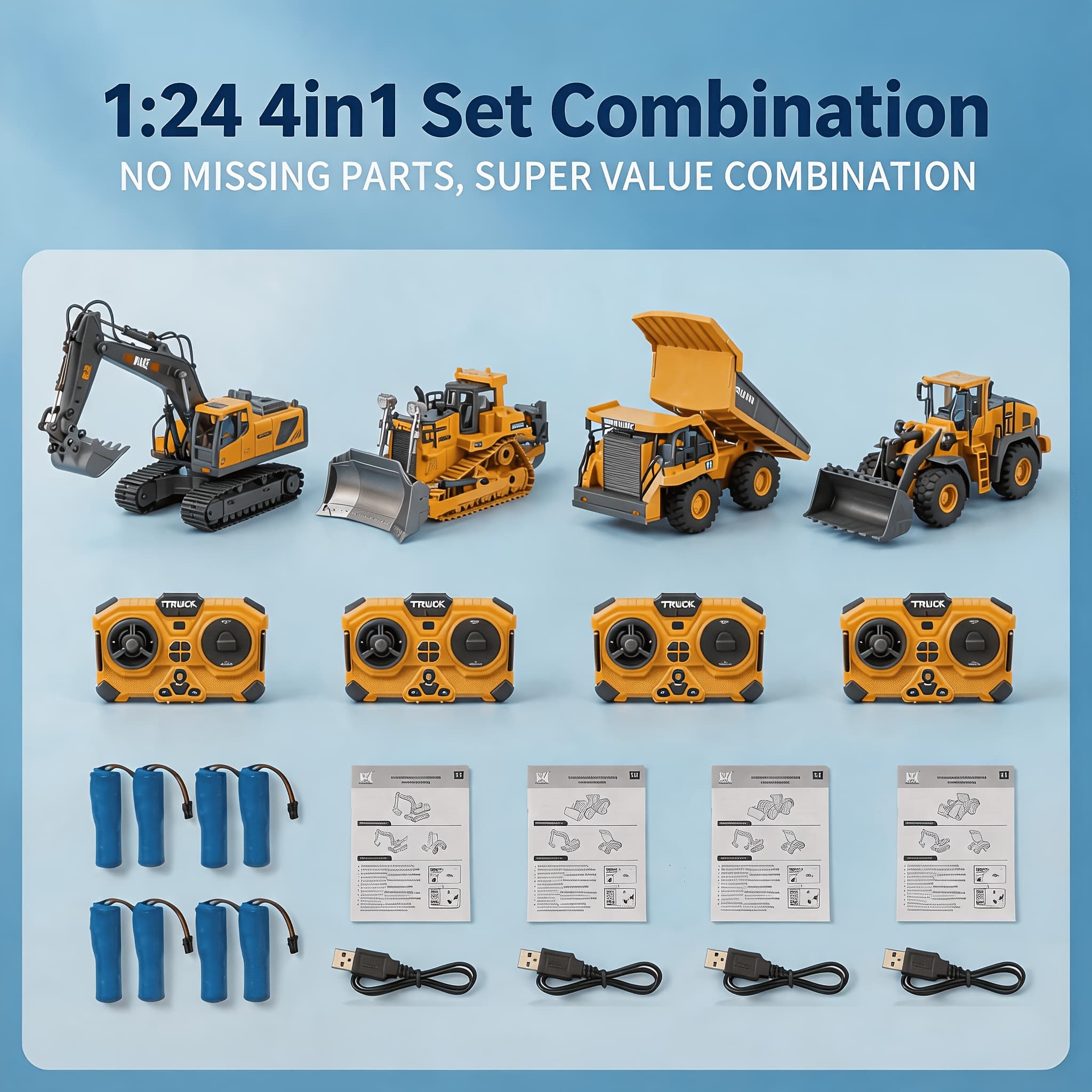 TEMU 4pcs/ 3pcs/ 2pcs Remote Vehicle Set, 2.4g 1:24 & 11-channel Rc Excavator, Dump Truck & Bulldozer Alloy Plastic Construction Toy Car Kit