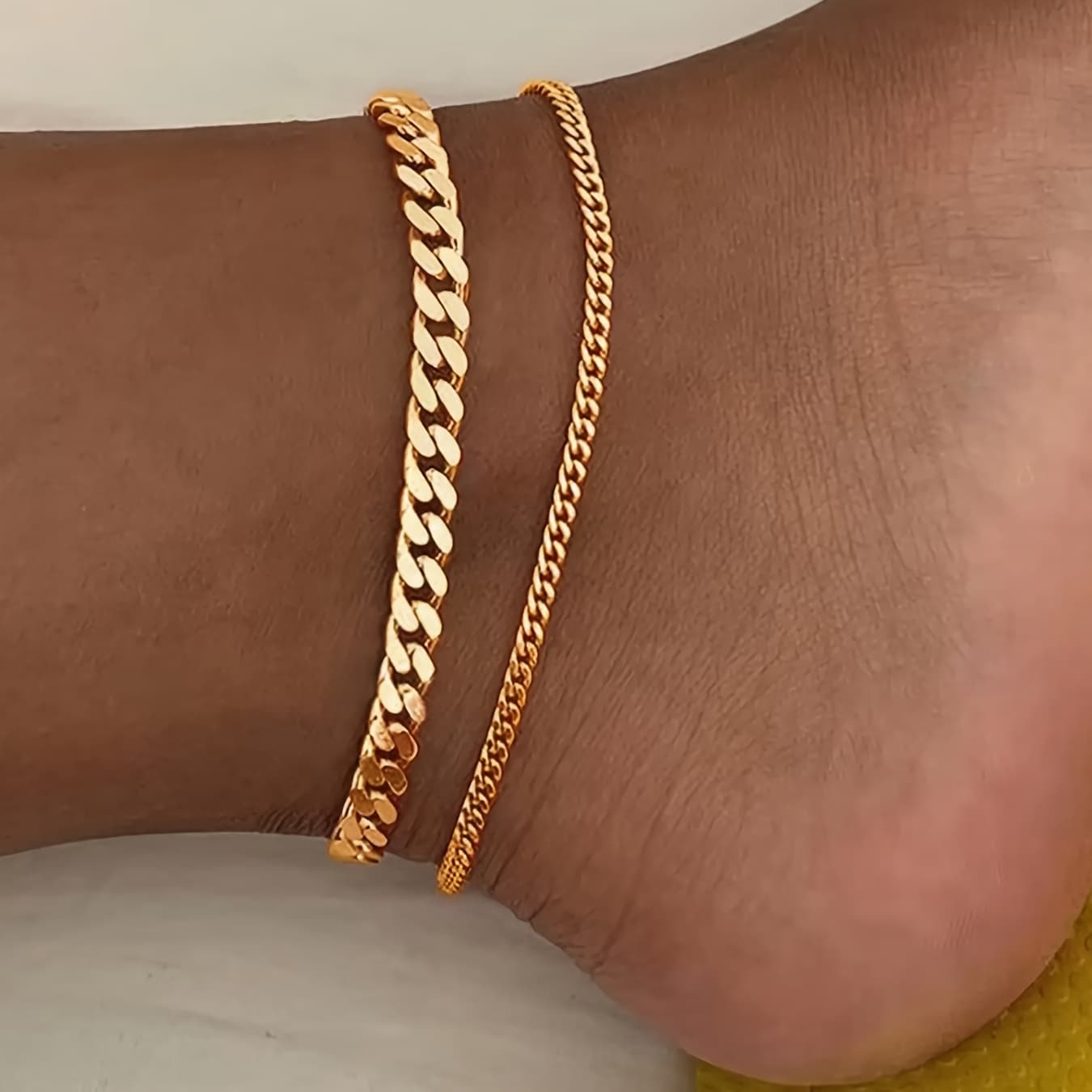 TEMU 2pcs Chic Women's Anklet Set - Stainless Steel Double Layer Cuban Chain, Perfect For Daily Wear And Vacation