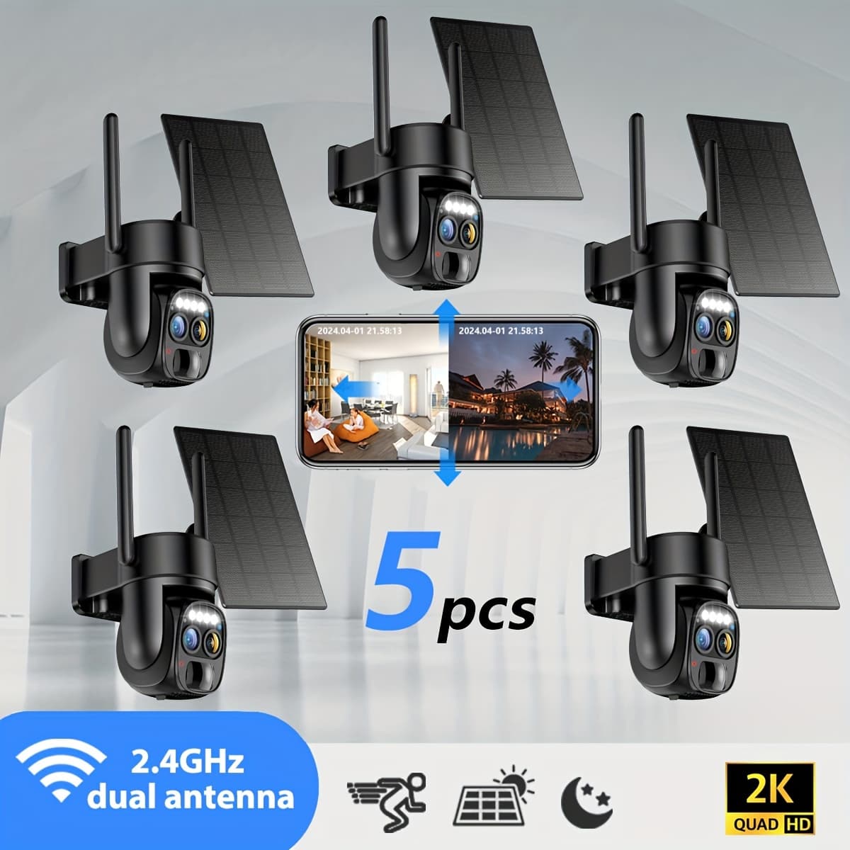 TEMU 5pcs [10x Zoom] 360-degree Low- Panel Battery 2k Fhd Wifi With Spotlight Alarm, Motion Detection, Color Night Vision, Audio And