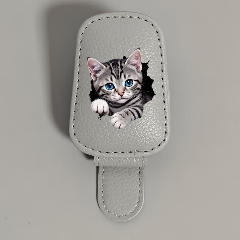 TEMU Cute Kitten Design Sun Visor Glasses Holder - Pu Material, Car Interior Magnetic Decorative Hook, Automotive Sun Visor Accessory, Suitable For Bank Cards, Credit Cards, Membership Cards