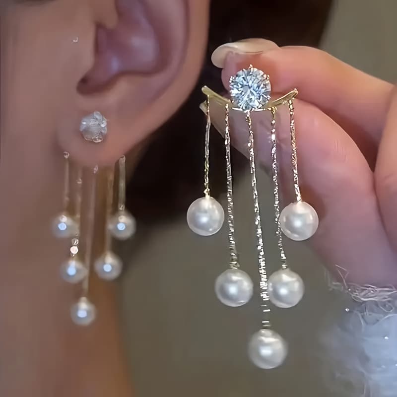 TEMU 1 Pair Elegant Long Tassel Earrings For Women, Golden-tone Alloy With And Accents, Dangle Earrings For Or Party Occasions, 1.69*0.79inch, Novelty Earrings