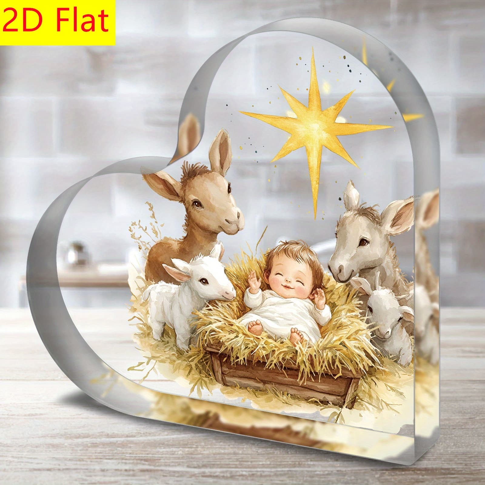 TEMU 2d Flat - [2d Flat] Acrylic Heart-shaped Decorative Plaque Featuring A Nativity Scene With A Donkey And A Lamb, Perfect For Easter And As An Inspirational Piece For Home Or Church