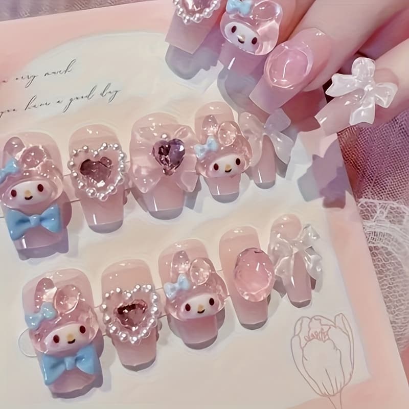 TEMU [10pcs/box] Cute Hello Kitty Melody Nail Sticker Set - Mixed Soft Tones, Drop-shaped Medium Length, Glossy Cartoon End, -on Nails, Nail Supplies, Nail Tips