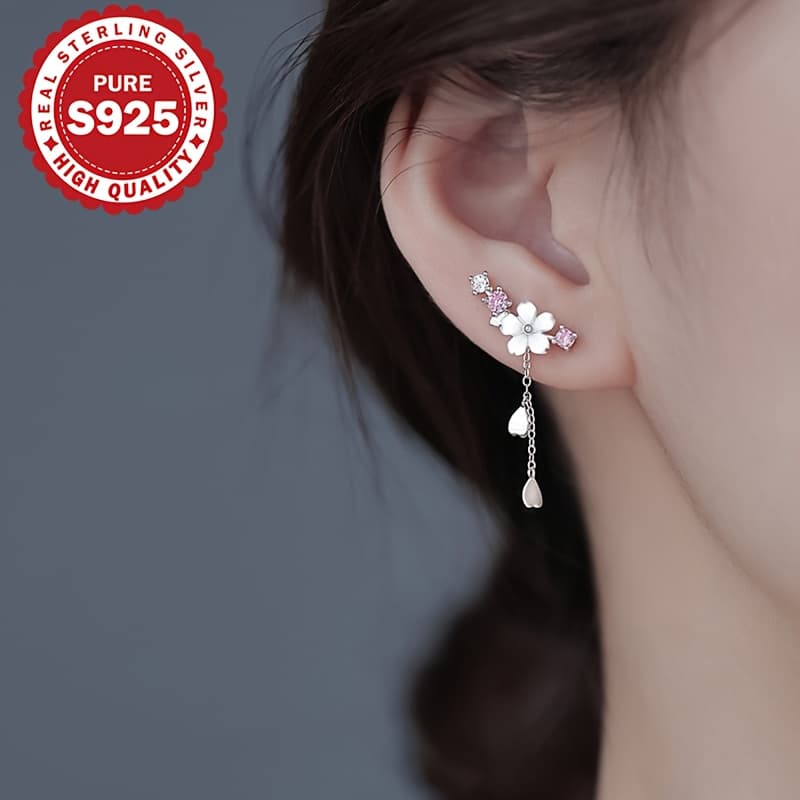 TEMU 1 Pair Of Cherry Tassel Earrings, S925 Pure Silvery Flower Earrings, Cute Temperament, Classic Tassel Earrings, Suitable For Multiple Occasions, Low Allergy 1.6g