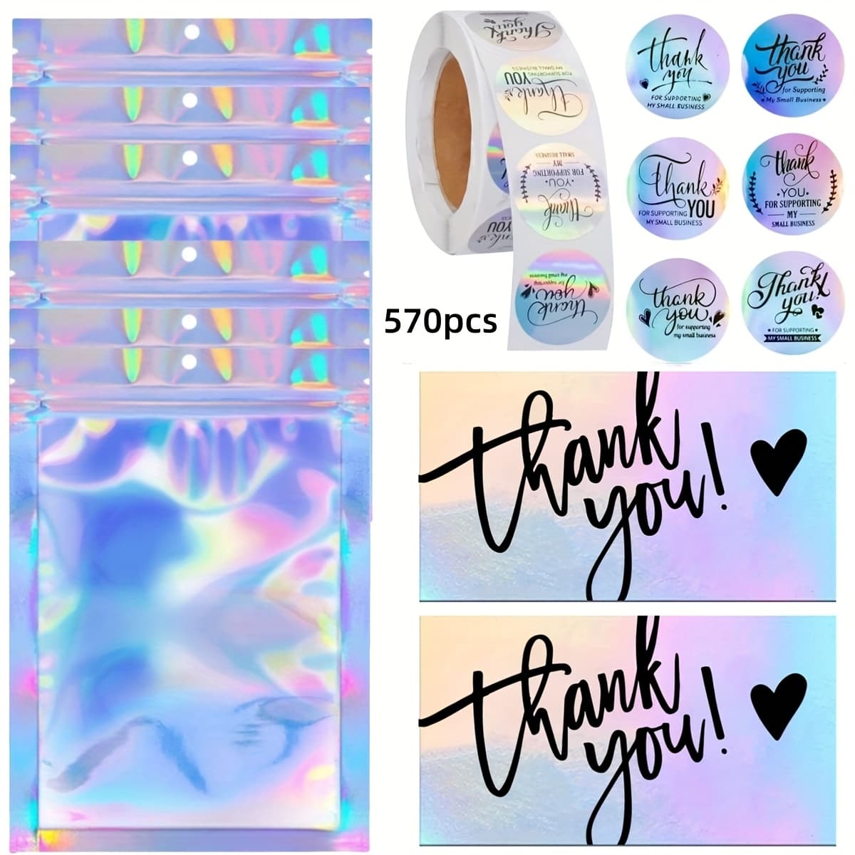 TEMU 570pcs Thank You Cards And Stickers Set With 20pcs Resealable Packaging Bag 500pcs Small Business Roll Stickers 50pcs Thank You Business Card For Business (holographic)