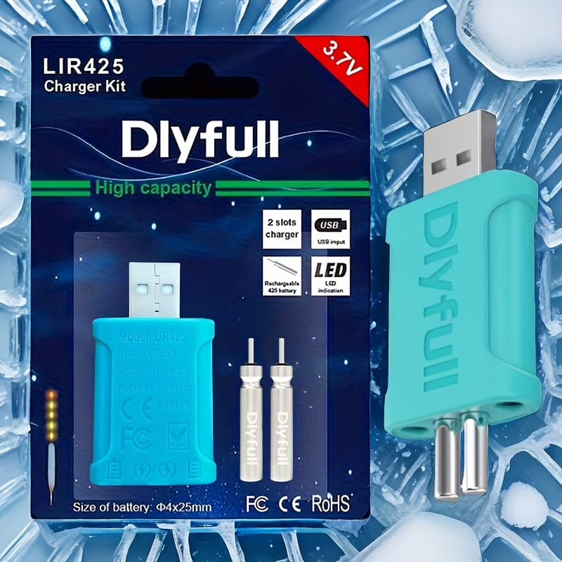 TEMU Diyfull Cr425 Usb Charger Set With Glow Fishing Bobber & Rechargeable Lir425 Battery - Usb-powered Fishing Float Gear, Led Lighted Bobber Kit