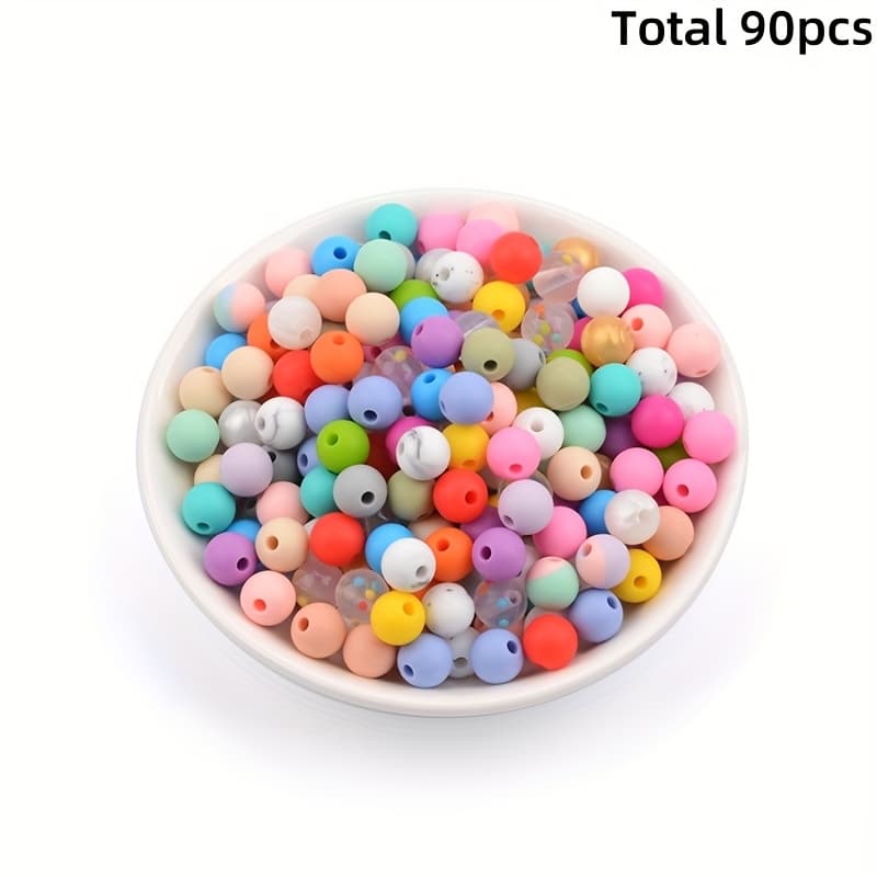 TEMU 90pcs Silicone Beads Set: 9mm/12mm/15mm Round Loose Red, Pink, Green, White, Purple, Blue, Colors Mixing, Diy Keychain Necklace Bracelet Jewelry Making Kit For Crafting And Decoration