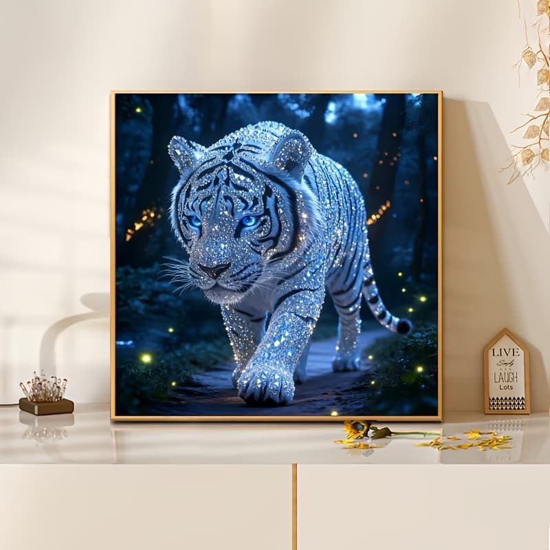 TEMU 1pc Large Diy Diamond Painting Kit With Tiger - Drill Acrylic Mosaic Art, Glowing Animal-themed Wall Decor For Adults & Beginners, Suitable For Home/office Decoration, Ideal Holiday Gift