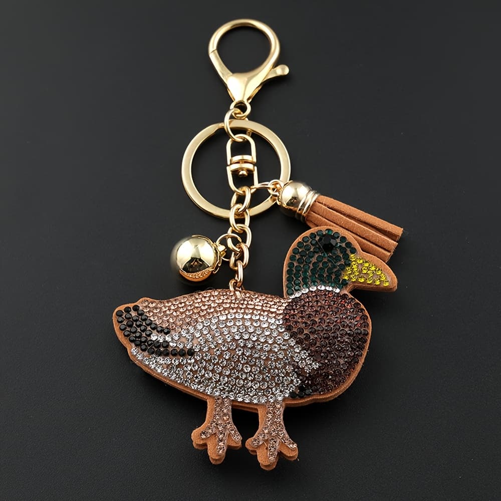 TEMU Fashionable Decorative Gift Featuring -headed Duck Lady Keychain For Men, With Shiny Rhinestones And Tassels