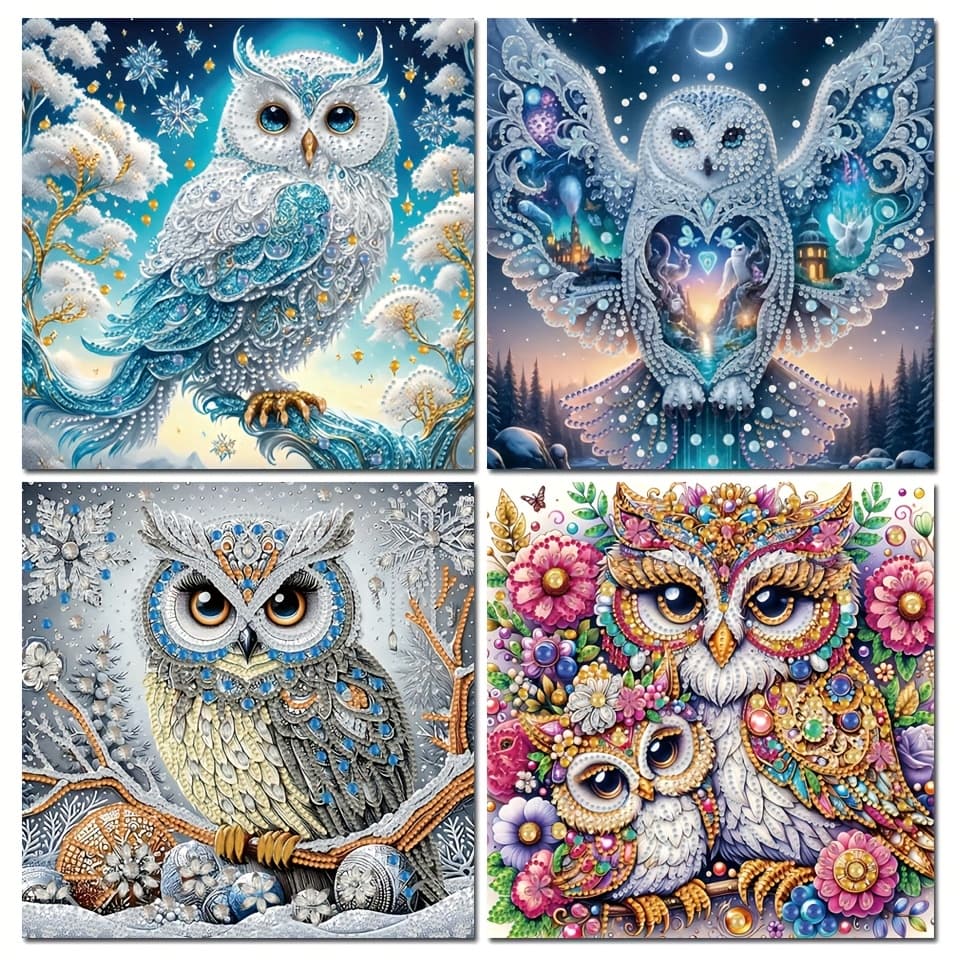 TEMU Diy 4pcs Set 5d Diamond Painting Kits For Adults Beginners, Owl Diamond Mosaic Art Kit, Special Shape Partial Crystal Rhinestones Gem Art Home Wall Decoration 30x30cm/11.81x11.81inchs