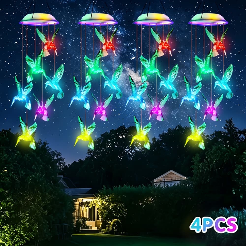 TEMU Set Of 4 X 6-led Solar Hummingbird Wind Chimes: Color-changing Outdoor Decorative Lights For Gardens, , And Patios--perfect For Christmas, Halloween, Hanukkah, And Other Holidays