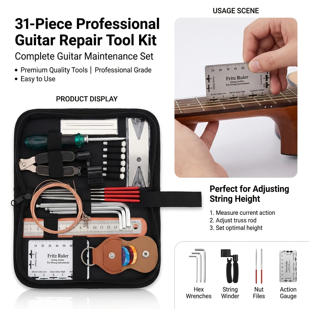 TEMU Guitar Accessories | 31pcs Guitar Repair Tool Kit (with Portable Bag) For Acoustic Guitar, Electric Guitar, Ukulele, And Banjo, Including Ruler, Caliper, Hex Wrenches, Files And Guard