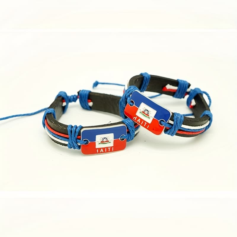 TEMU 2pcs Flag Bracelets - Bohemian Adjustable Pu Leather & Alloy Cultural Pride Jewelry, Unisex Heritage Gift For