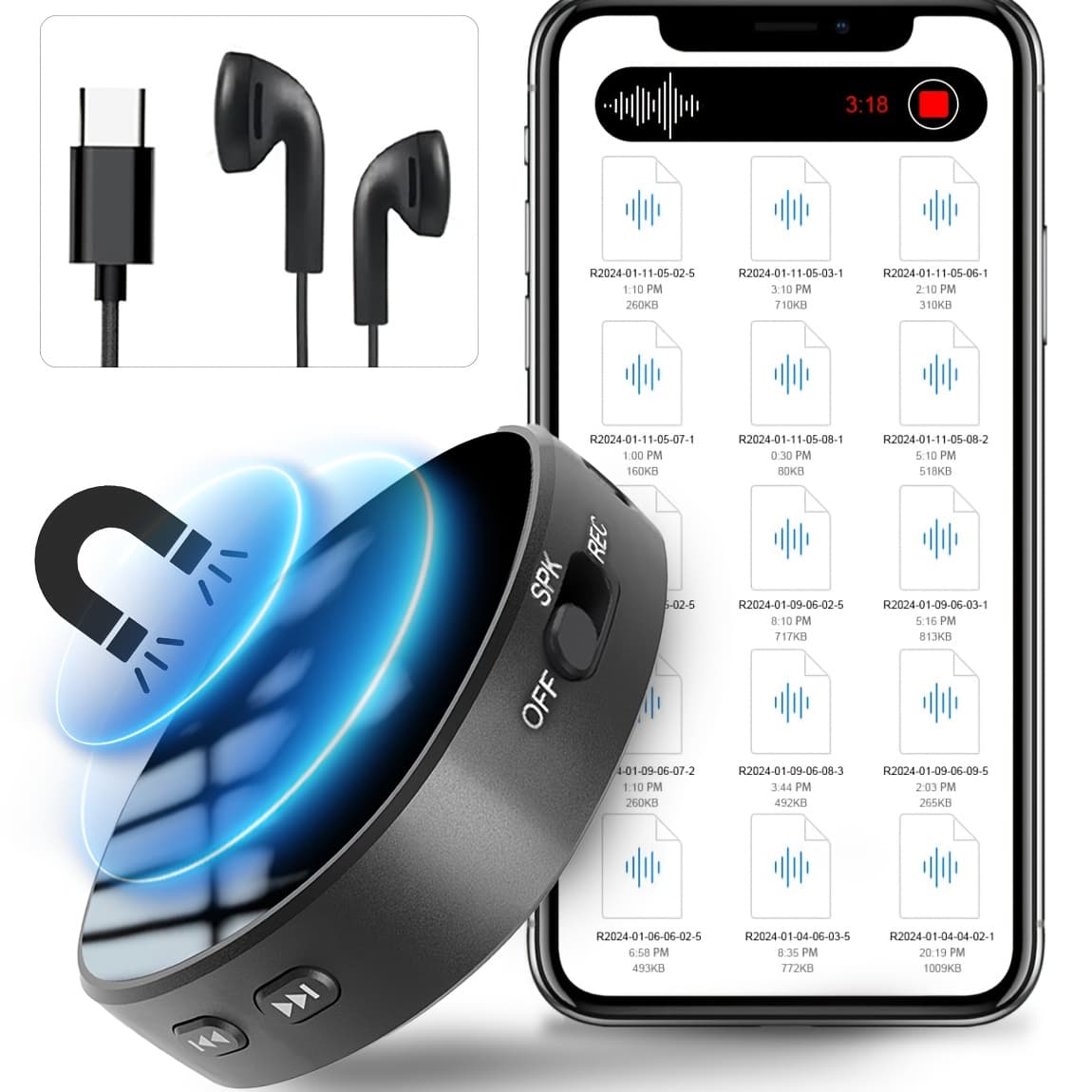 TEMU 64gb Magnetic Voice Activated Recorder Device -[ai Reduction] 4000h Audio Storage Recording Device, Hd With , Portable Tape Recorder For Car, Lectures, Meeting