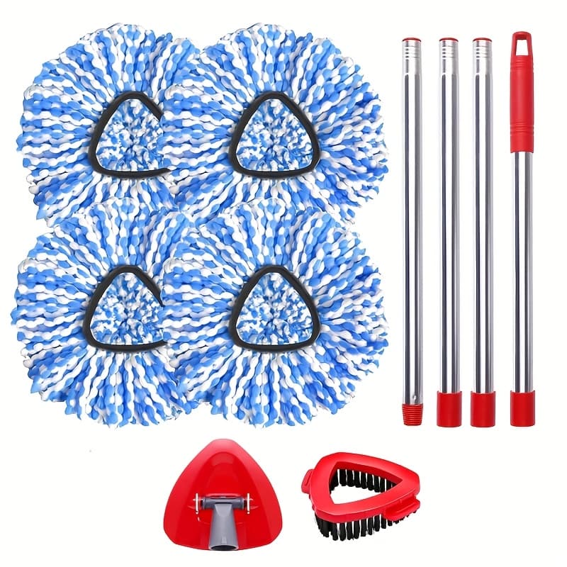 TEMU Blue Mop Heads Replacements With Mop Base, Scrub Brush And Handle Set, Microfiber Mop Heads Refills For 2 ,