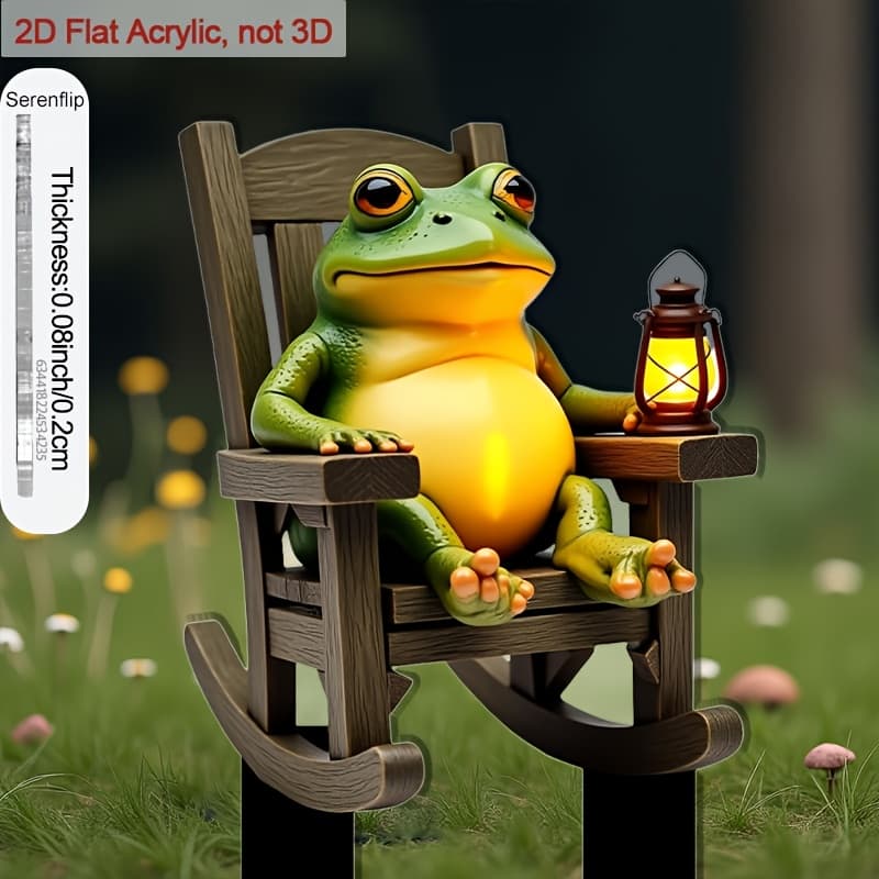 TEMU 2d Flat, [2d Flat] 1pc 2d Flat Acrylic 9.06in Garden Stake With For Yards A Frog Sitting On A Rocking Chair Beautifies Outdoor Courtyards Decorations, Perfect For Flower Pot Gifts, 2d Flat