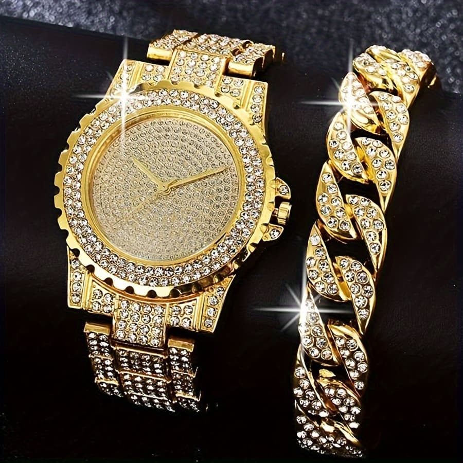 TEMU Two-piece Watch And Bracelet Set, Luxury Quartz Watch With Rhinestones, Fashionable Outfit Set, Toop