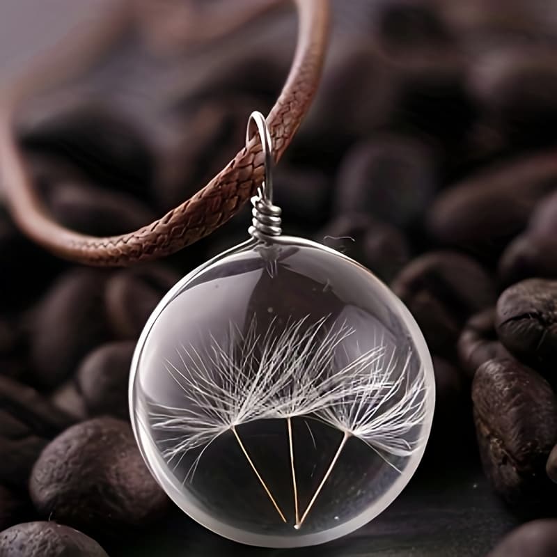 TEMU Dandelion-seed Pendant Necklace, Round Glass Wishing Necklace, With Woven Leather Rope, Transparent Floral Decoration, By Men And Women. A Very Ideal Gift