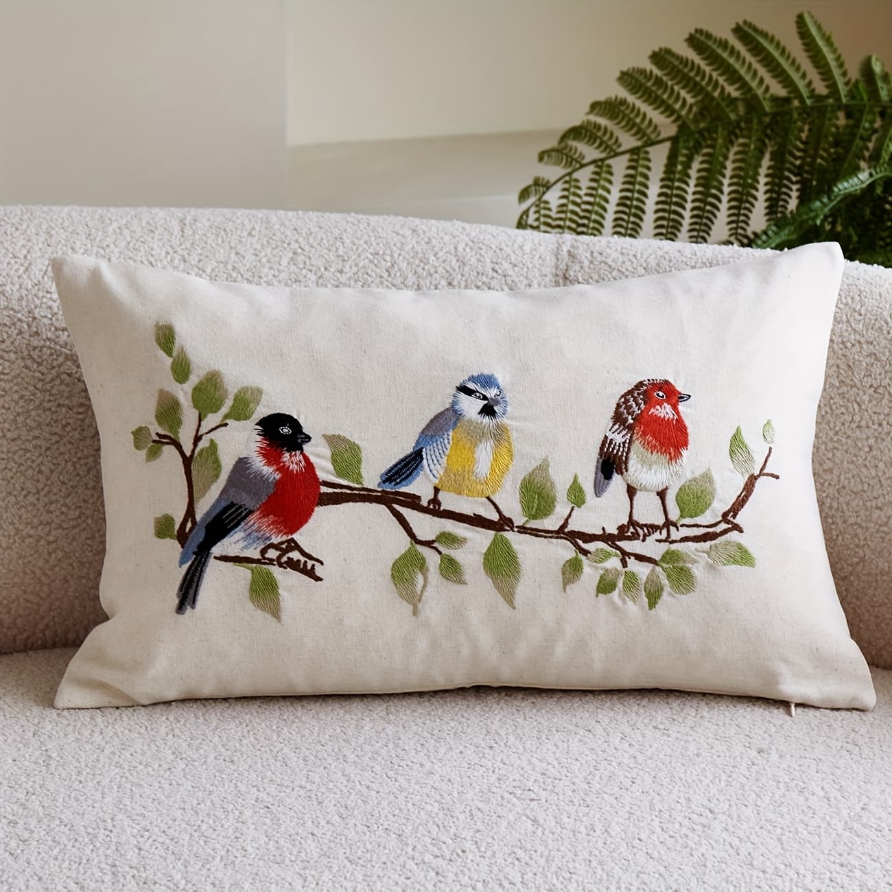 TEMU 1pc Beige Linen Birds On Branches Cushion Cover - Decorative Pillow Cover, Indoor Decor, Throw Pillow/cushion Cover, Insert Not Included