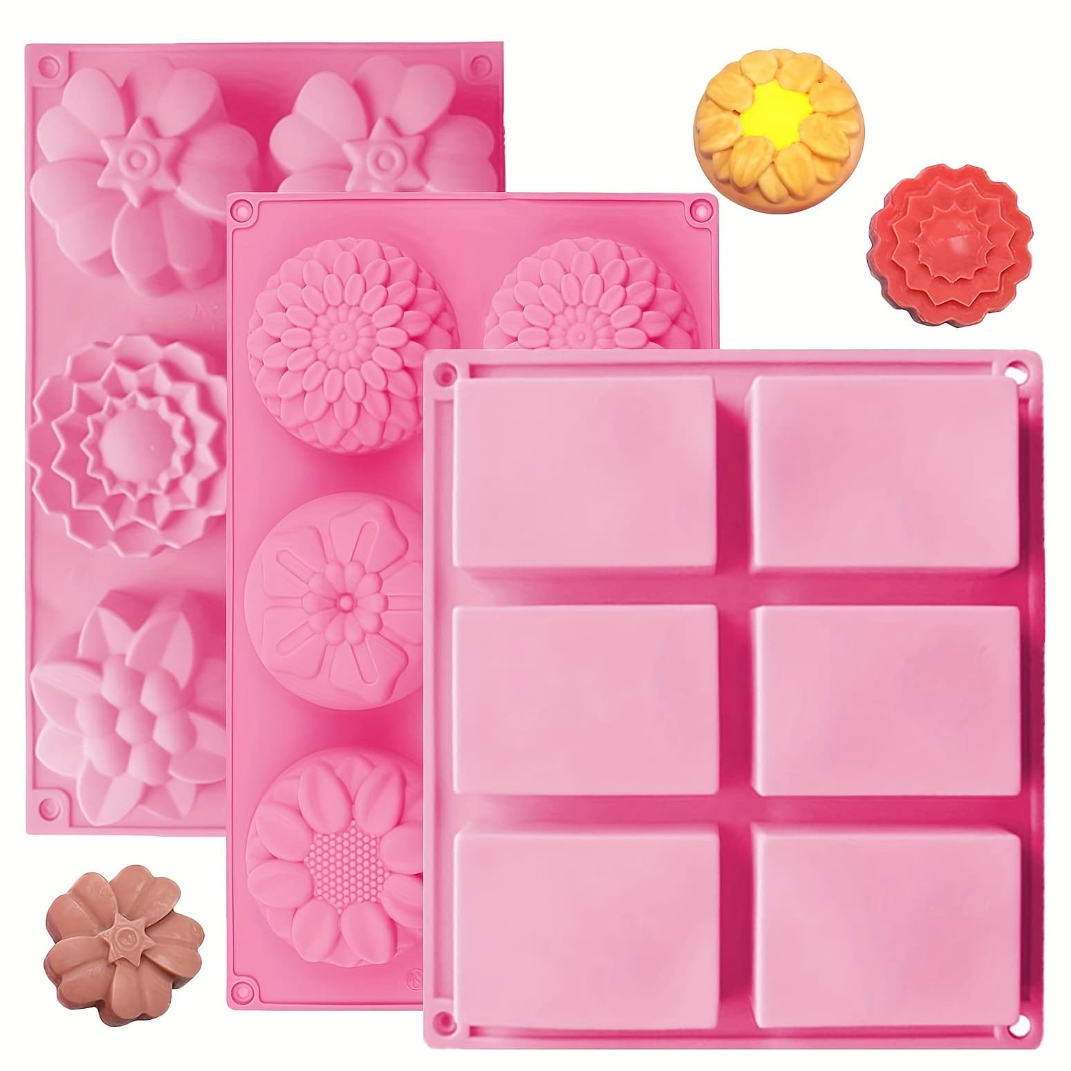 TEMU Set Of 3 Silicone Molds For Soap, Featuring 6 Flower-shaped Cavities, Along With Rectangular Supplies, Ideal For Crafting Handmade Soaps And Homemade Chocolates