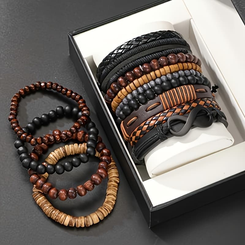 TEMU 13 Fashionable Street Style Wooden Bead Bead Pu Leather Men's Bracelet Set Unisex For And To Wear On Daily Trendy Fashion Jewelry With Cardboard ()