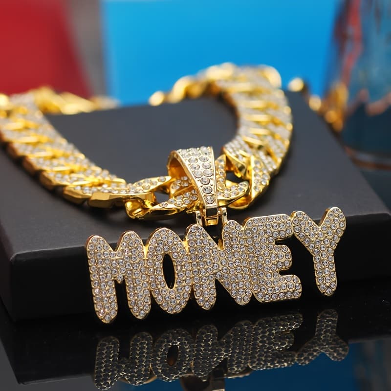 TEMU 1pc Cuban Link Chain For Men Shiny Money Pendant Necklace With Ice Cuban Link Chain Miami Hip Hop Pendant Choker Necklace For Men And Women Birthday Gift, Fathday's Gift