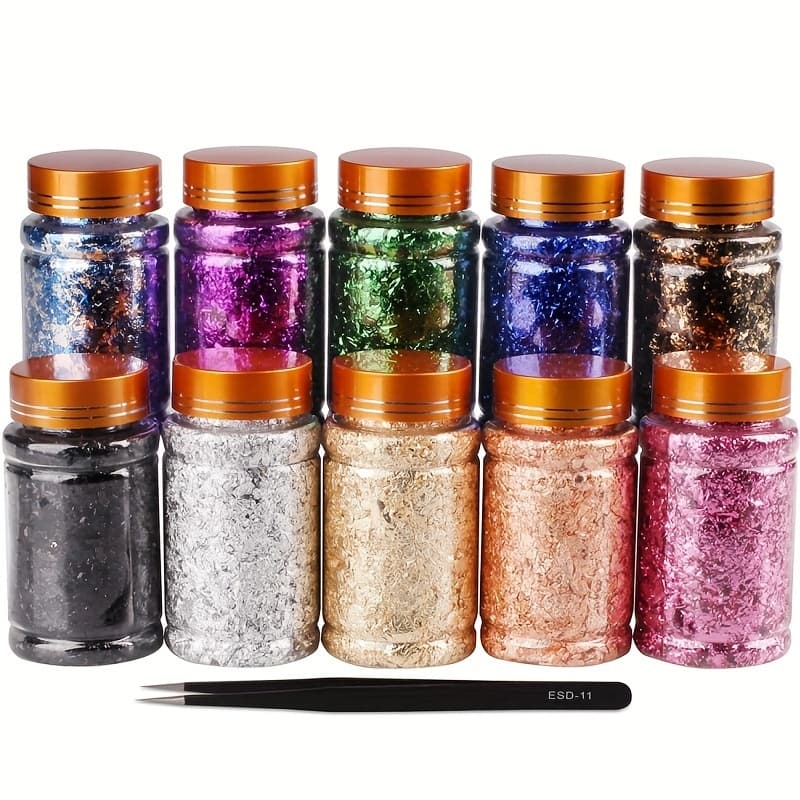 TEMU Resin , 10 Colors Of Metallic Foil, Used For Nail And Craft Gilding (gold, Silvery, Copper, Black, Green, Blue, Blue Silvery, Black Gold, Purple, Peach)