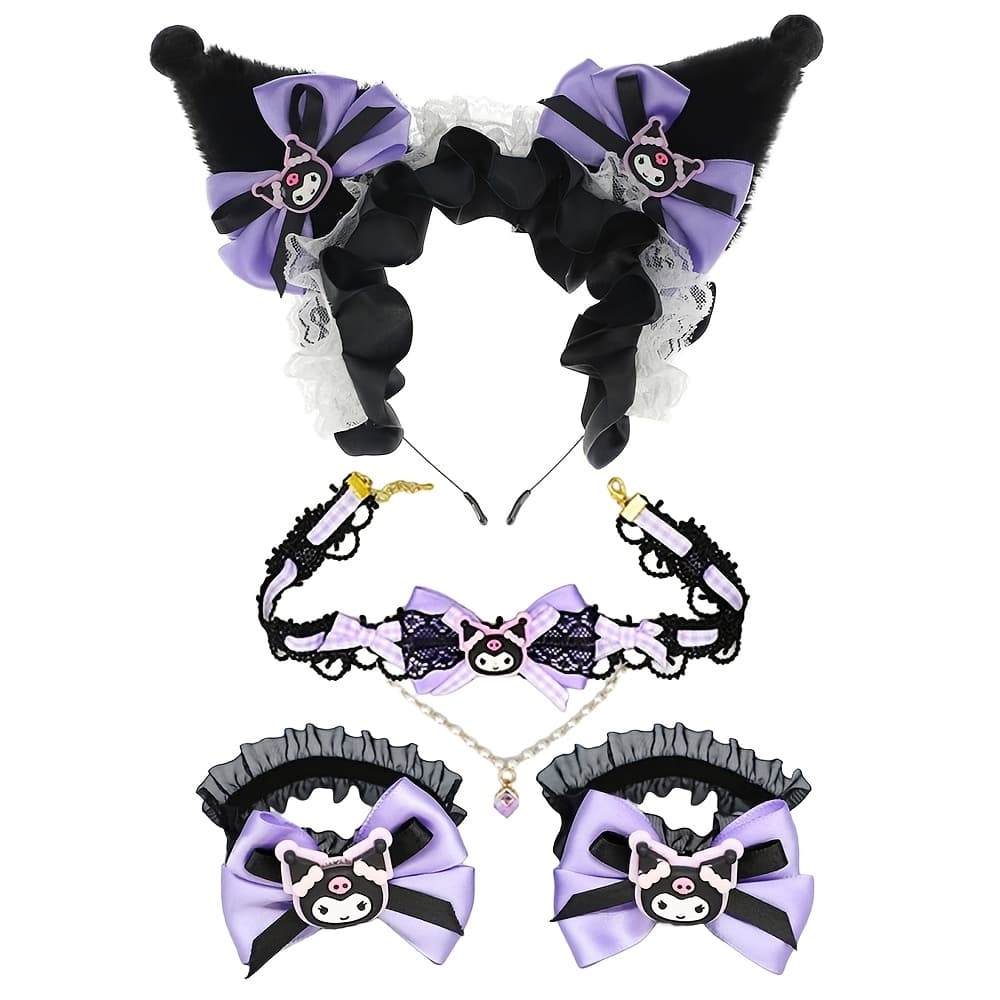 TEMU Kuromi Cat Ears & Necklace Set - Soft Faux Fur Plush Headband With Lace Trim, Matching Bow & Ribbon, Ideal For Valentine's Day Costume Parties