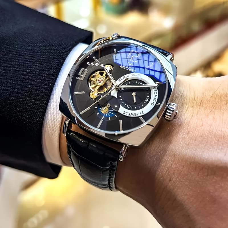 TEMU Elegant Men's Vintage Mechanical Watch - Skeleton Dial, , Alloy Case, Black Faux Leather Strap - Automatic Self-winding, No Battery Needed - Perfect For Business And Casual Wear