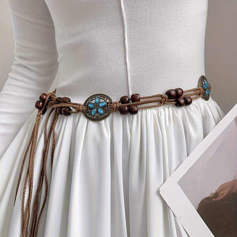TEMU Braided Women's Belt, Vintage And Ethnic Style, Versatile And Boho Chic Belt, Decorative Accessory For Dresses And Skirts