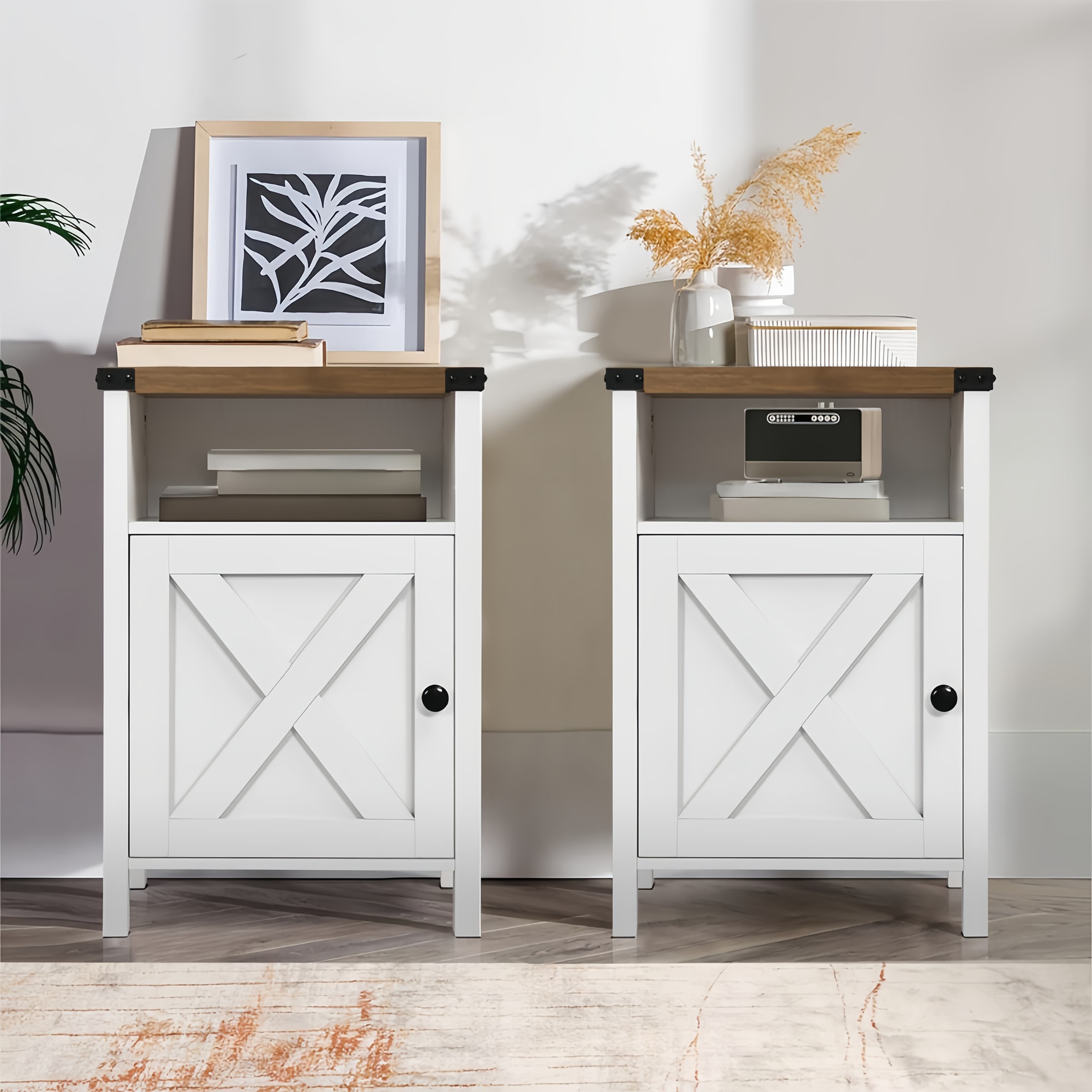 TEMU Farmhouse Nightstand, Side Table, End Table With Barn Door And Shelf, Rustic Modern Bed Night Stand For Bedroom, Living Room, Nightstand, Navy Blue/grey/white/oak/dark Rustic Grey
