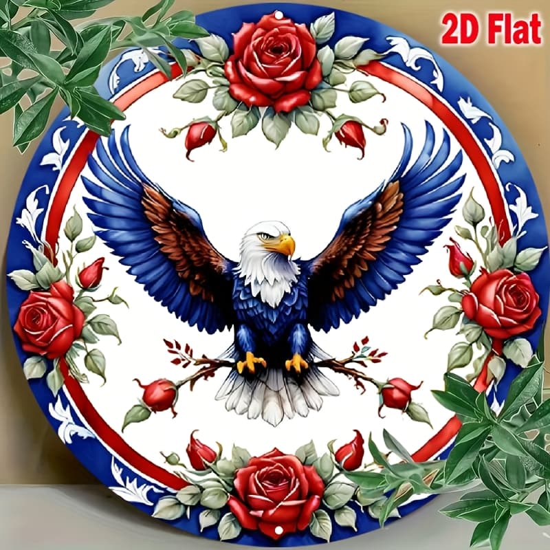 TEMU Blue, Red And Floral Wreath Sign, Round Metal Wreath Sign, Sign For Wreath, Patriotic Sign, (8 Inch) Decorative Sign Plaque