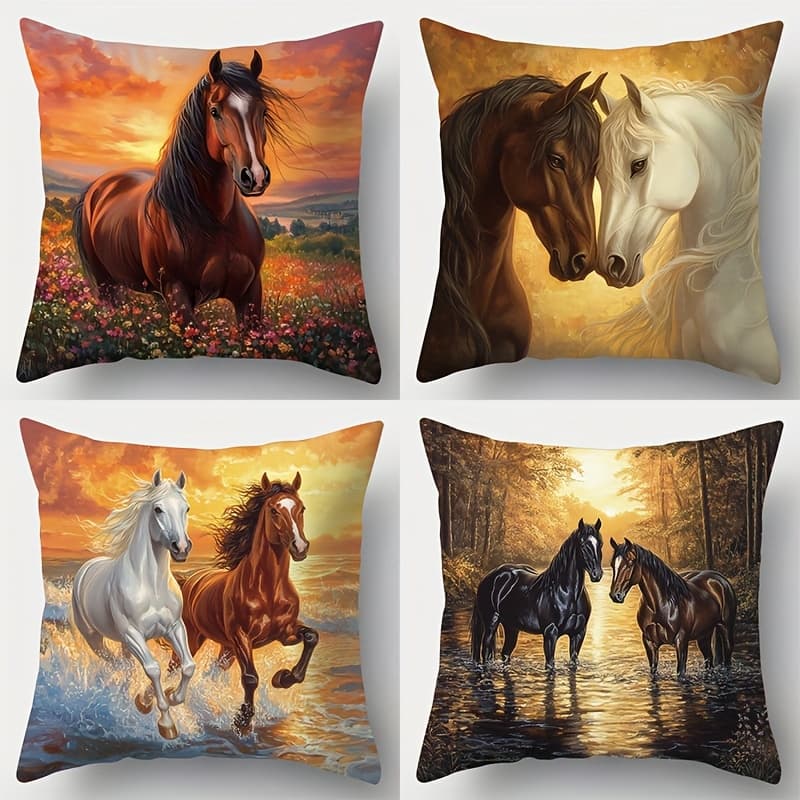 TEMU 4pcs Set, Printed Pillowcase. Contains Patterns Of Horses, , Etc. Suitable For Room Decoration, Living Room Decoration, Sofa Decoration (excluding Pillow Core).