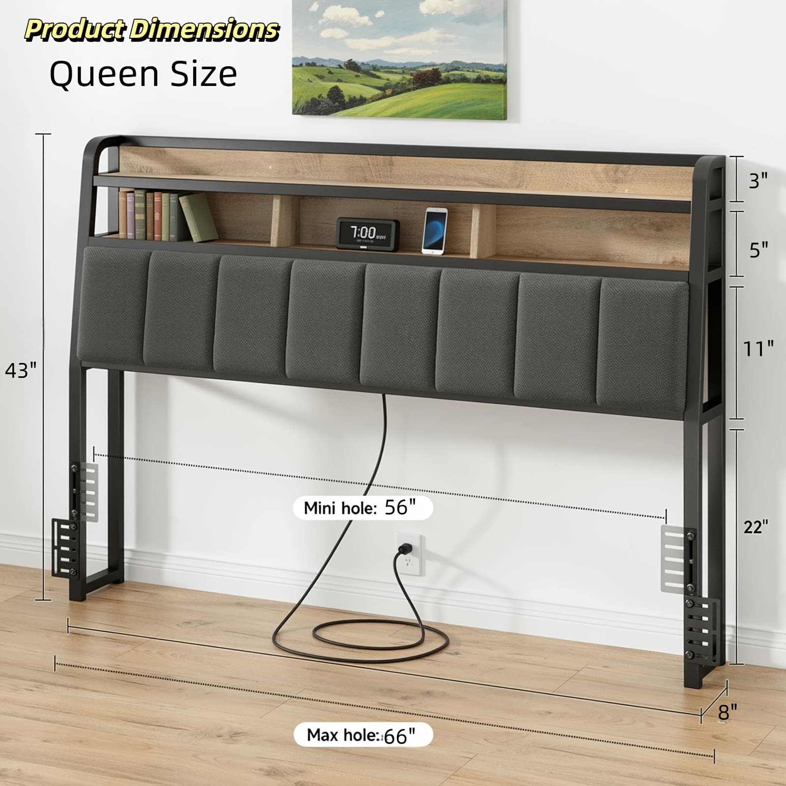 TEMU Headboard For Queen/king Size Bed With Storage, Head Board With Usb & Type C Port, Height Adjustable, Queen/king Head Board Only,, Sturdy And Stable,