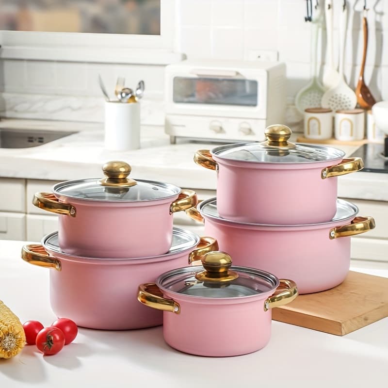 TEMU Cookware Set With Glass Lid 10pcs , Pink Pots Set Kitchen Cookware Sets Cookware Sets Pots Nonstick Kitchen Set Pans For Cooking
