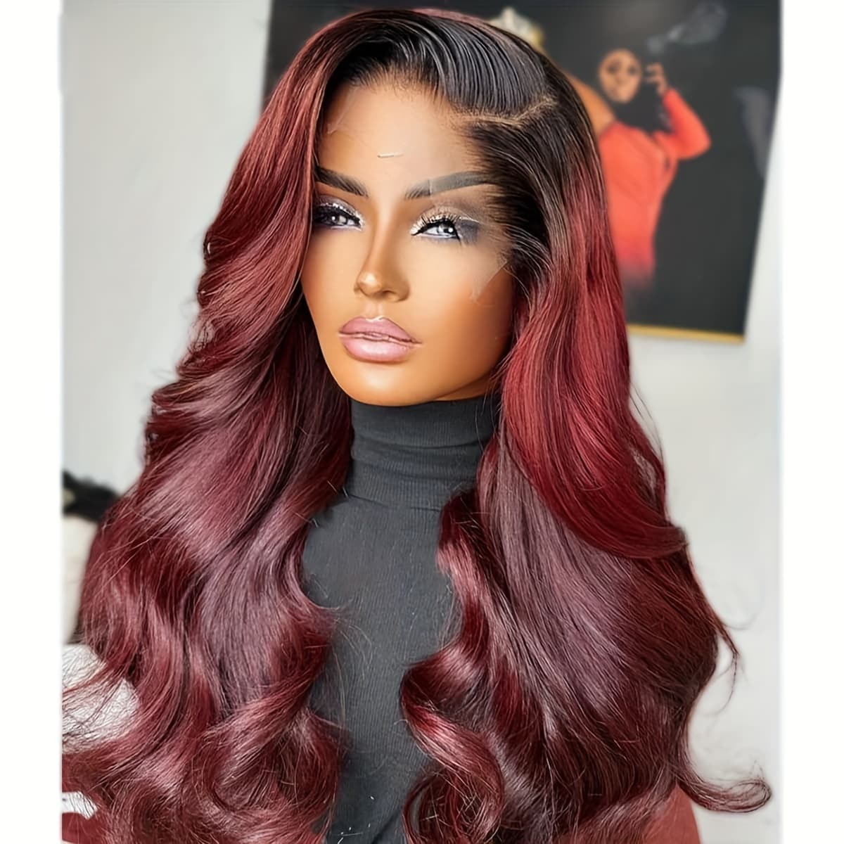 TEMU Synthetic Lace Front Wig In A Loose Curly Wave Style, Featuring Dark Burgundy With Black , Designed For Women. It Has A Body And Comes Pre- With