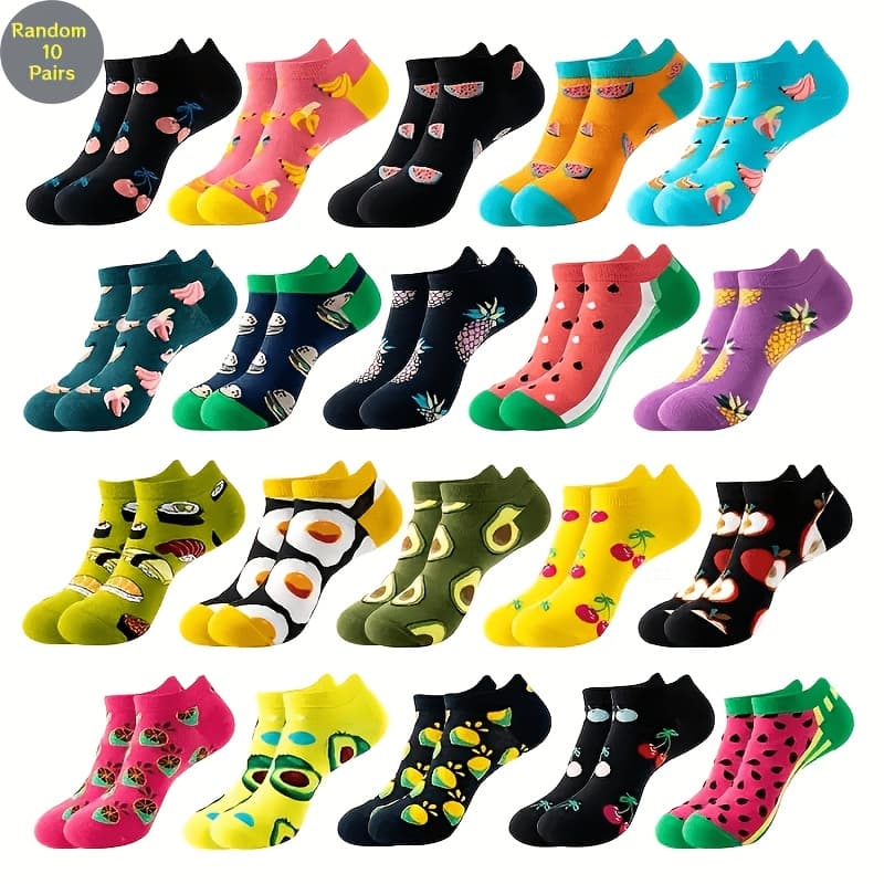 TEMU 10 Pairs Random Fruits Vegetables Print Ladies No Show Socks Spring Summer Elastic Soft Breathable Quick Dry Short Socks