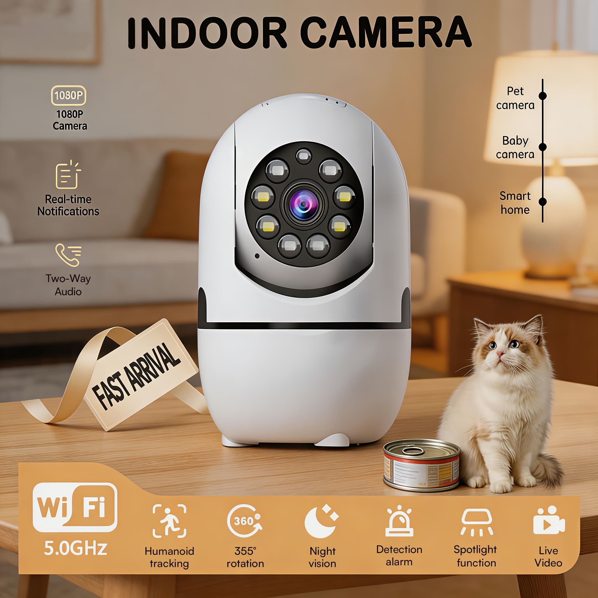 TEMU 1pc Indoor Wireless Network Camera With 355° Pan And Tilt, Night Vision, Motion Detection, Pet Monitor, 2-way Talk, 2.4/5g Wifi, Cloud And Memory Card Storage, Alexa Compatible
