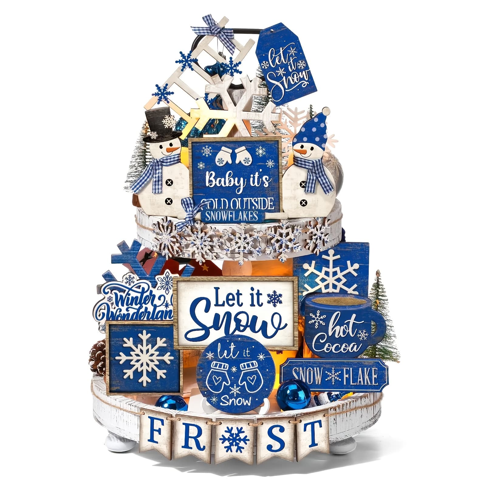 TEMU 25 Festive Tiered Tray Ornaments Featuring Rustic Wooden Blue Snowflakes, Perfect For Enhancing Coffee Bars, Dining Tables, Fireplaces, Living Room Shelves, Office Desks
