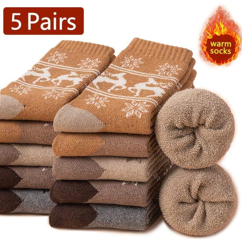 TEMU 5/10 Double Winter Thick Women's Socks, Middle Tube Socks With Velvet Loop, Elk Snow Pattern Christmas Socks, Floor Socks, Warm Plush Socks