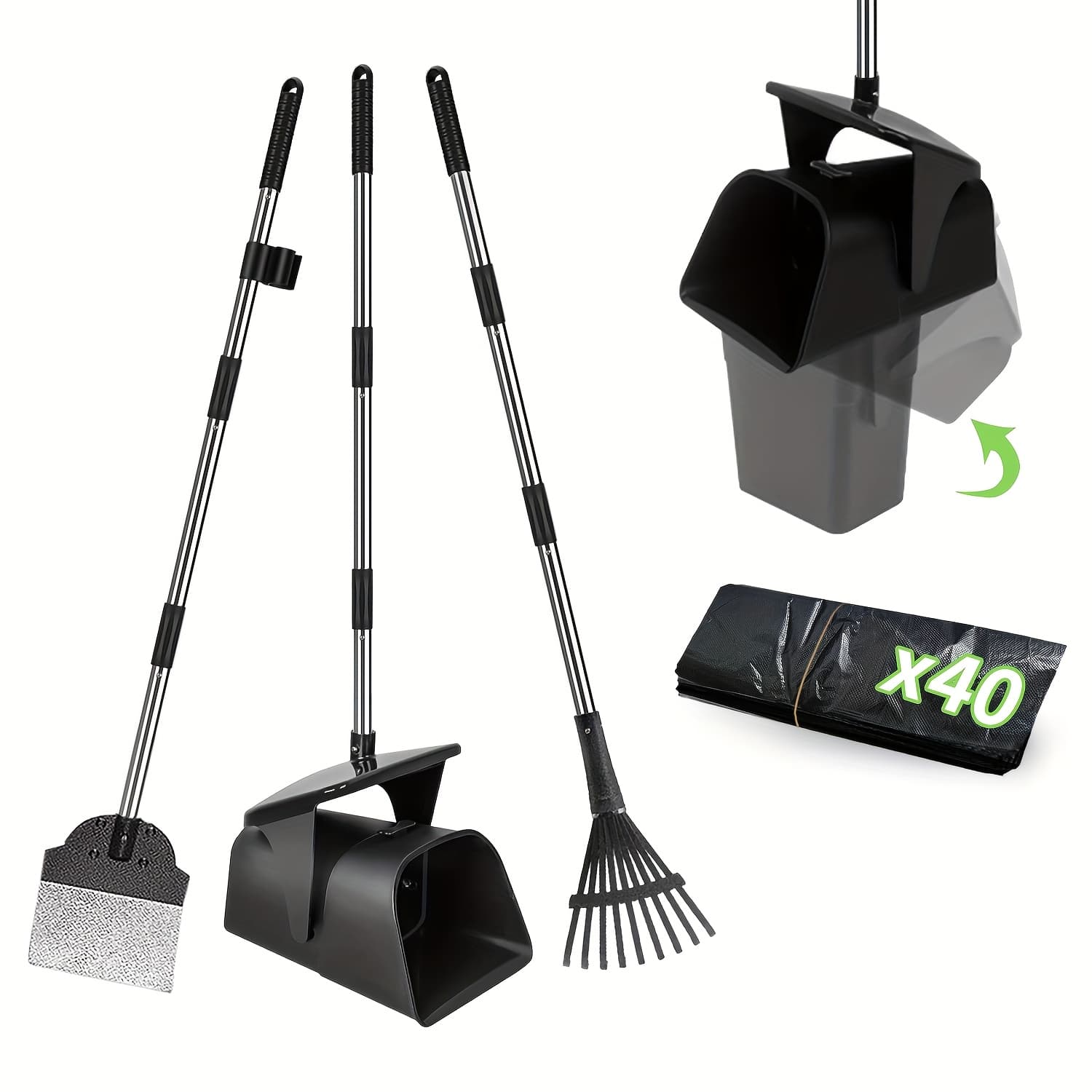 TEMU 2/3pcs Heavy Duty Dog Pooper Scooper With 40 Bags, Long Handle Swivel Bin & Rake Spade For Large Medium Dogs, Pet Waste Removal For Yard Grass Gravel, Easy To Clean, Without Battery