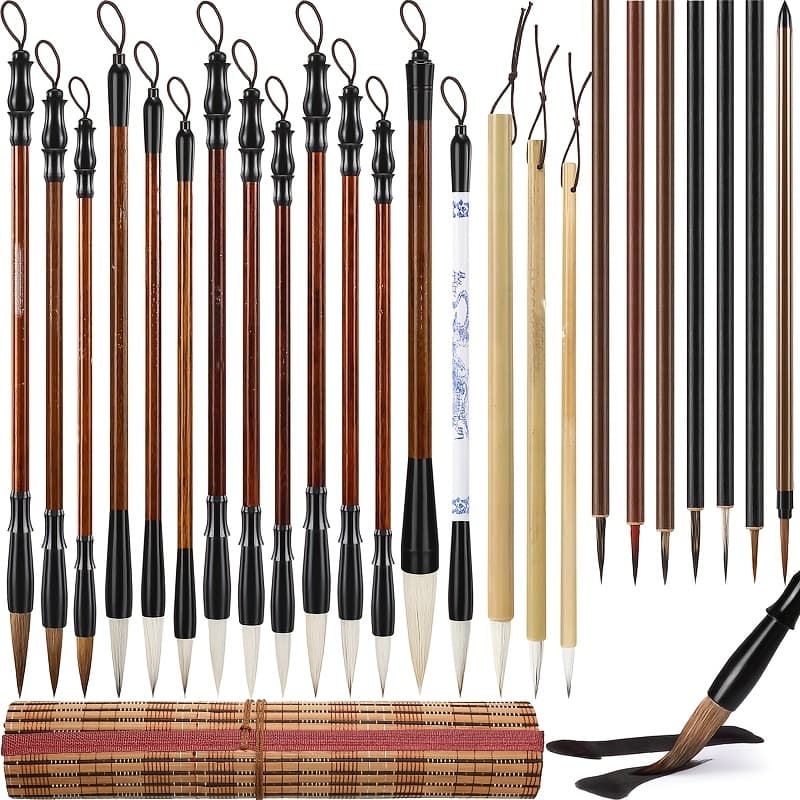 TEMU Set Of 24 Chinese Calligraphy Brushes, Including Watercolor Brushes, Packaged With A Bamboo Holder For , Ideal For Writing, Drawing, And Painting In And Japanese Styles