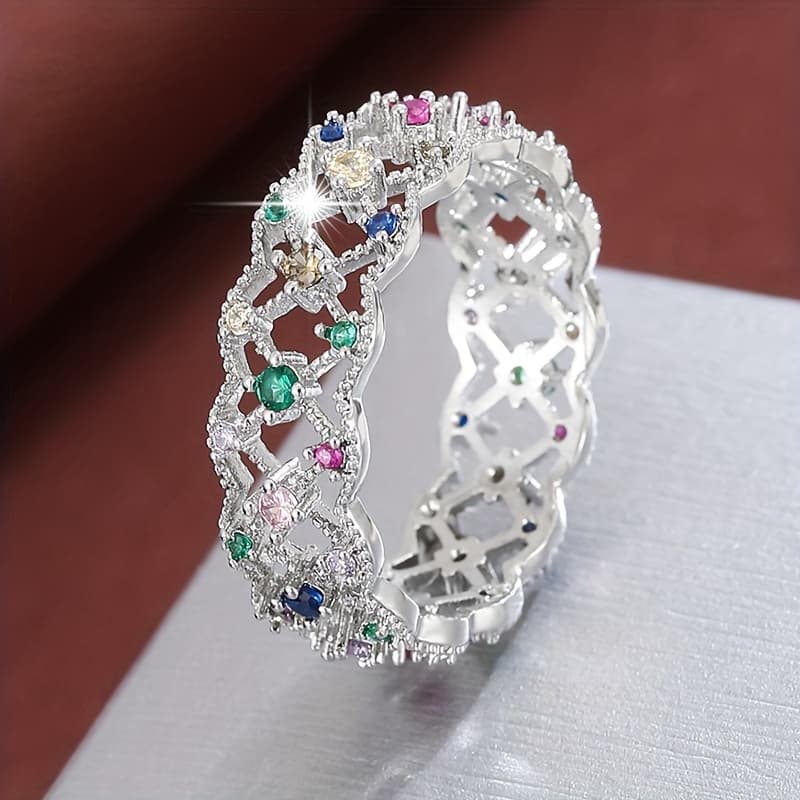 TEMU Exquisite Hollow Geometric Square Design Synthetic Synthetic Zirconia Women's Ring