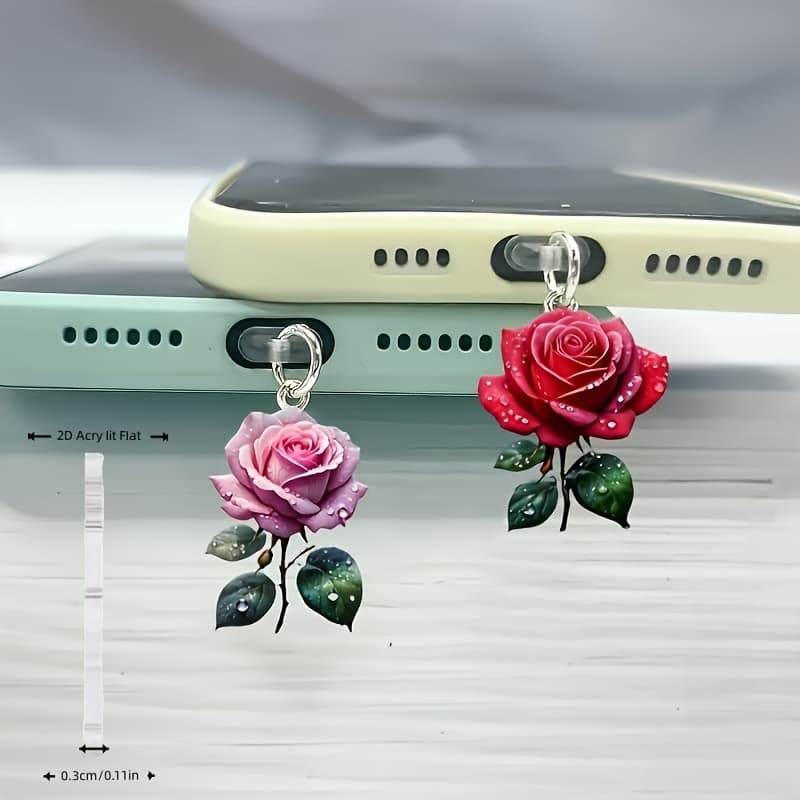 TEMU 2d Flat, 2pcs Combination Pack - Dual-tone Rose Flower Phone Dust Plug Charm, 2d Flat Acrylic Material, Used For Iphone/type-c/ Dust Plugs