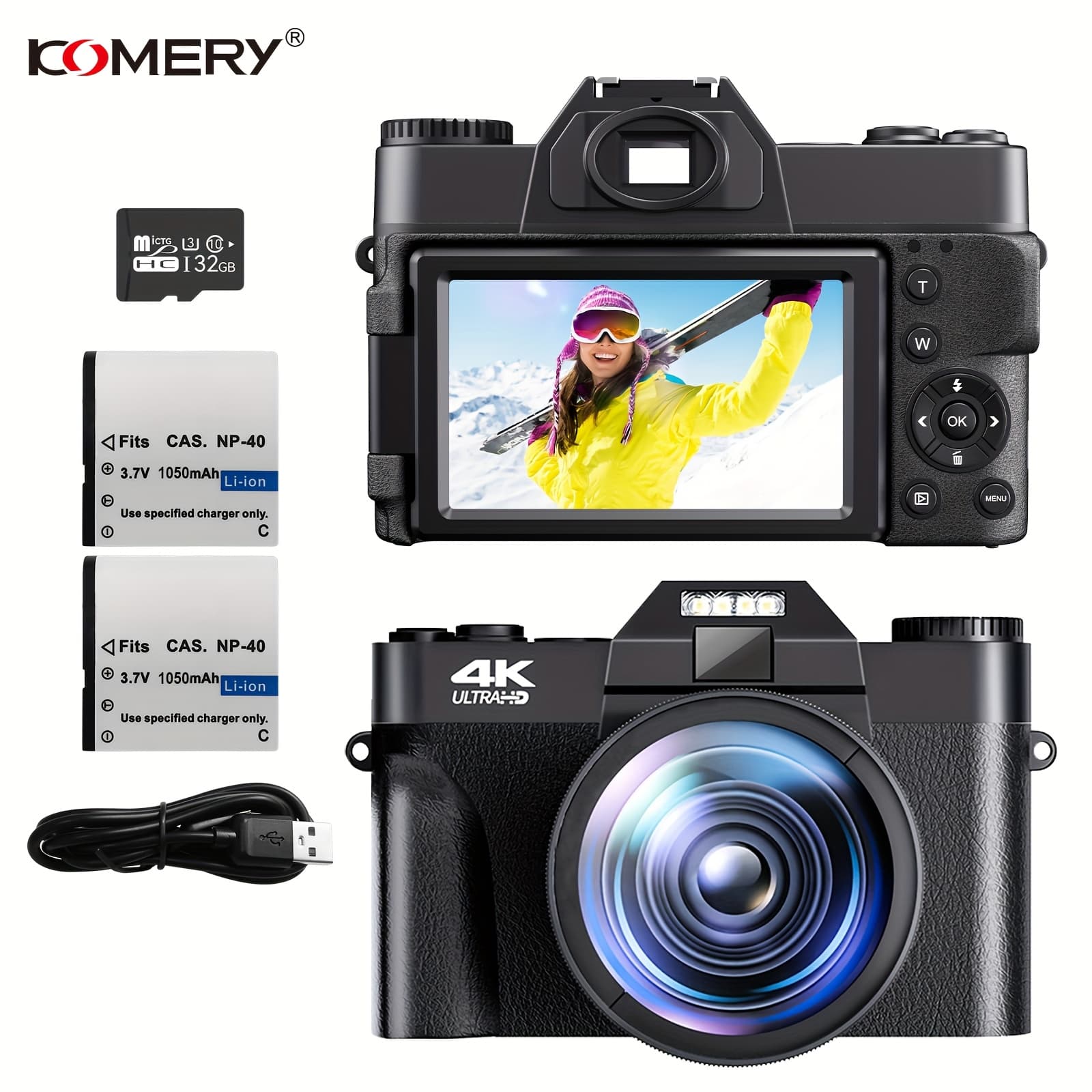 TEMU Komery Digital Camera, 4k Vlogging Camera With 16x Digital Zoom, Built-in 7 Color Filters, 3.0 Inch Screen, Flip Screen, 32gb Tf Card And Rechargeable Battery (black)
