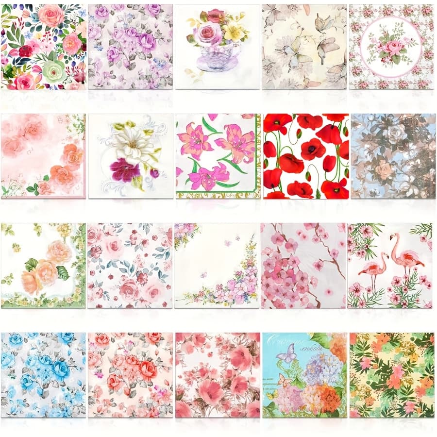 TEMU 20pcs Assorted Floral Napkins For Decoupage, Flower Cocktail Decorative Paper For Birthday Party Beautiful Gorgeous, 20 Styles Each 6.5 In
